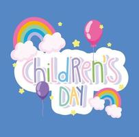 childrens day, greeting card rainbows and balloons cartoon vector