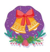 Feliz Navidad, campanas con tarjeta de celebración de decoración de rama de baya de acebo vector