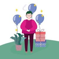 boy gift boxes balloons and plant in grass vector