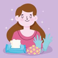 new normal lifestyle, girl with mask gloves and tissue paper vector