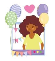 online party, cartoon girl in website celebration balloons decoration vector