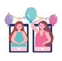 online party, connected girls with phones and balloons pennants decoration vector