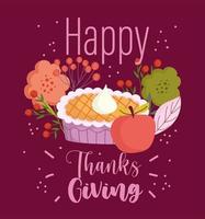 happy thanksgiving lettering cake apple flowers decoration card vector