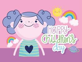 childrens day, cartoon cute girl rainbow sun lettering decoration card vector