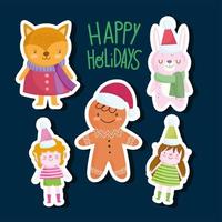 merry christmas, cute female fox helper and bunny stickers cartoon icons vector