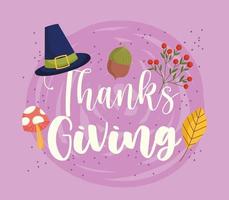 happy thanksgiving card with pilgrim hat acorn mushroom leaves vector