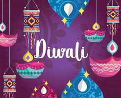 feliz festival de diwali, fondo púrpura con lámparas diya linternas de luz decoradas detalladas vector
