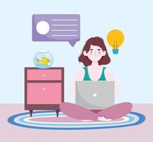 home office workspace, woman on floor using laptop with table and fish in bowl vector