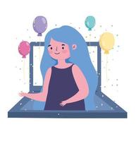 online party, laptop screen happy girl with balloons celebration vector