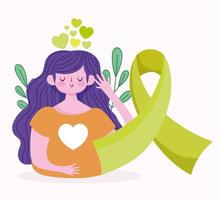 día mundial de la salud mental, niña cinta verde corazones tarjeta médica vector