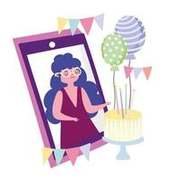 online party, woman cartoon on screen mobile with cake and balloons vector