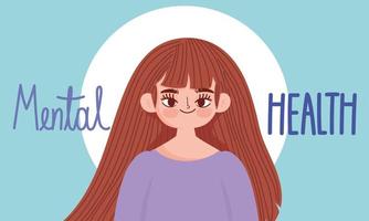 world mental health day, cartoon girl portrait, lettering card vector