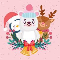 merry christmas, cute bear penguin reindeer bells and holly berry celebration card vector