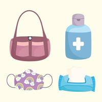 new normal, medical mask tissue paper alcohol and bag icons vector