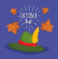 oktoberfest festival, germany hat with feather lettering and leaf autumn, celebration traditional vector