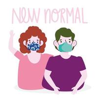 nuevo estilo de vida normal, pareja de dibujos animados con máscaras médicas vector