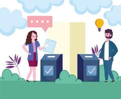 voting and election concept, man and woman with ballot vote in the place with boxes vector