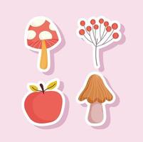 happy thanksgiving apple mushrooms berries branch icons sticker vector