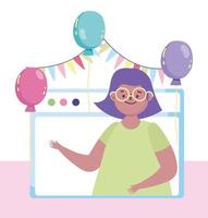 online party, website in girl video birthday balloons celebration vector