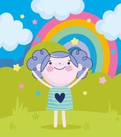 childrens day, cartoon happy girl with rainbow clouds and stars vector