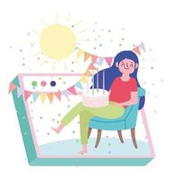 online party, woman sitting with cake pennants website celebrating vector