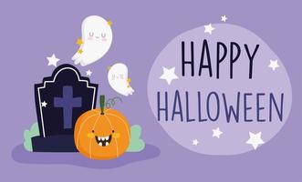 happy halloween, cheerful pumpkins ghost gravestone trick or treat party celebration vector