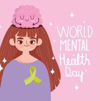 día mundial de la salud mental, mujer joven con dibujos animados de cerebro en la cabeza vector