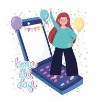 online party, girl dancing on mobile celebrating with balloons vector