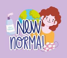 new normal lifestyle, girl world mask and disinfect bottle vector