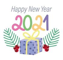 2021 feliz año nuevo, caja de regalo sorpresa y decoración de ramas. vector