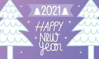 happy new year 2021, white trees decoration festive event card vector