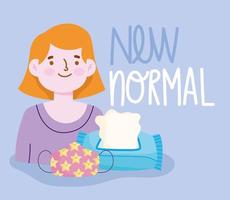 new normal lifestyle, girl cartoon mask and tissue paper vector
