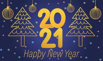 happy new year 2021, gold numbers trees and hanging balls vector