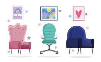 home office workplace collection chairs and pictures in wall vector