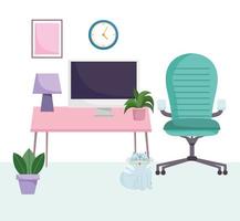 home office workplace armchair computer lamp plants and clock vector