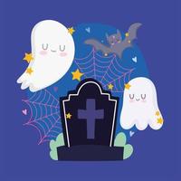 happy halloween, gravestone ghosts and bat night star trick or treat party celebration vector