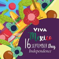 cartel de decoración de aguacate de guitarra de sombrero de flores, día de la independencia mexicana, viva mexico se celebra en septiembre