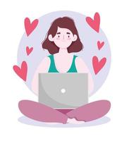 home office workspace, young woman using laptop character vector