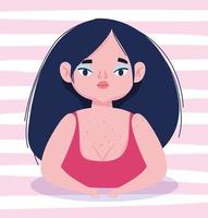 perfectly imperfect, cartoon woman with freckles on her chest, stripes background vector