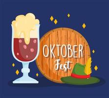 oktoberfest festival, black beer hat and wooden barrel, celebration germany traditional vector