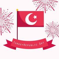 turkey republic day, flag in pole fireworks ribbon card vector