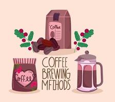 coffee brewing methods, packages with coffee kettle and grains vector