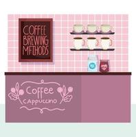 coffee brewing methods, counter with milk pack coffee cups and board vector