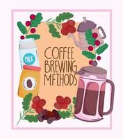 coffee brewing methods, vintage poster with kettle pack milk and frame with grains vector