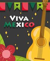 día de la independencia mexicana, decoración de flores y banderines de guitarra, viva mexico se celebra en septiembre vector
