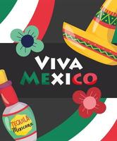 mexican independence day, bottle tequila flowers and hat, viva mexico is celebrated on september vector