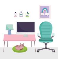 home office workplace desk computer chair lamp pictures and sleeping cat vector