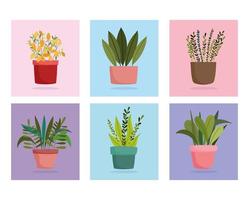 gardening, set of different green plant pots, color block icons vector