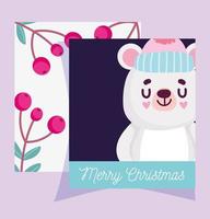 merry christmas, bear with hat holly berry banner vector