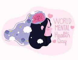world mental health day, woman thinking space planet clouds fantasy vector